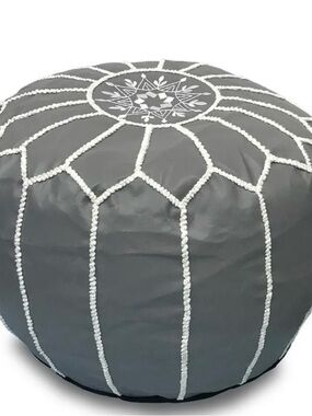 Embroidered Pouf Ottoman in Charcoal Gray with White Trim